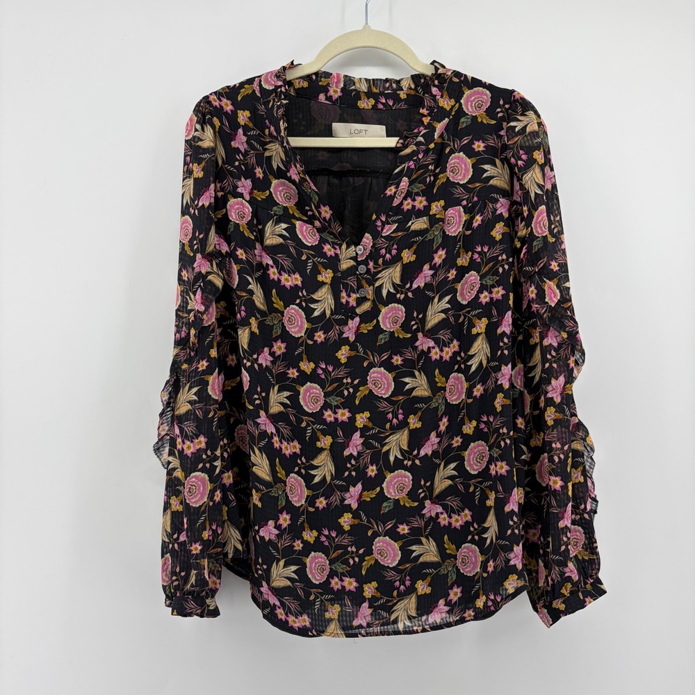 LOFT‎ Womens Large Black Pink Floral Chiffon Ruffle Sleeve Henley Blouse Top